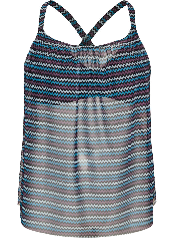 Patterned tankini top with underwire and criss-cross straps, Blue, Packshot image number 0