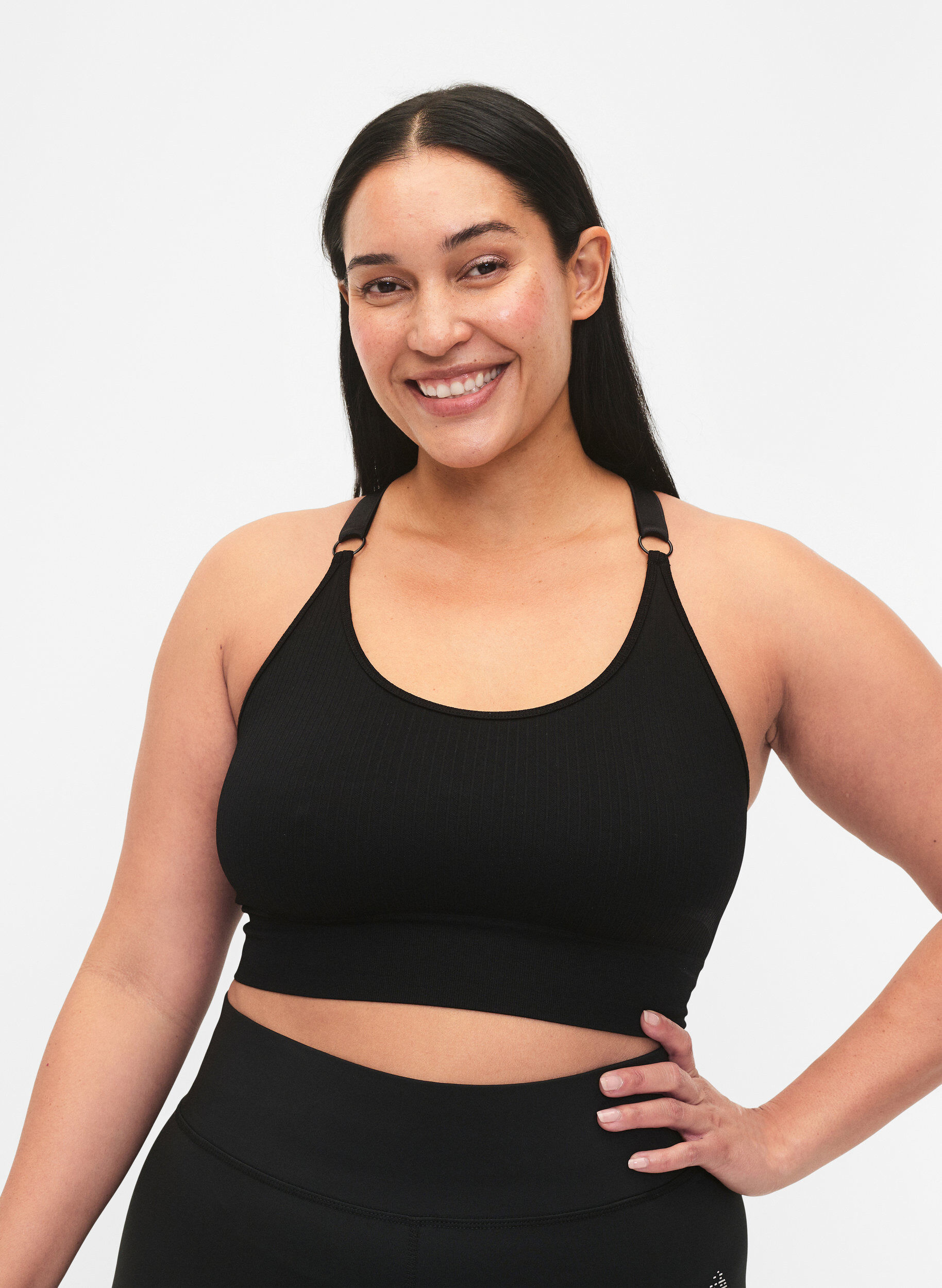 Zizzifashion Seamless sports bra in ribbed material, Black, Model image number 0
