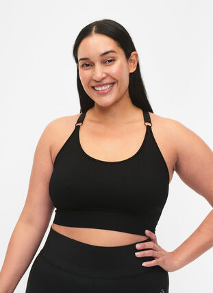 Seamless sports bra in ribbed material, Black, Model image number 0