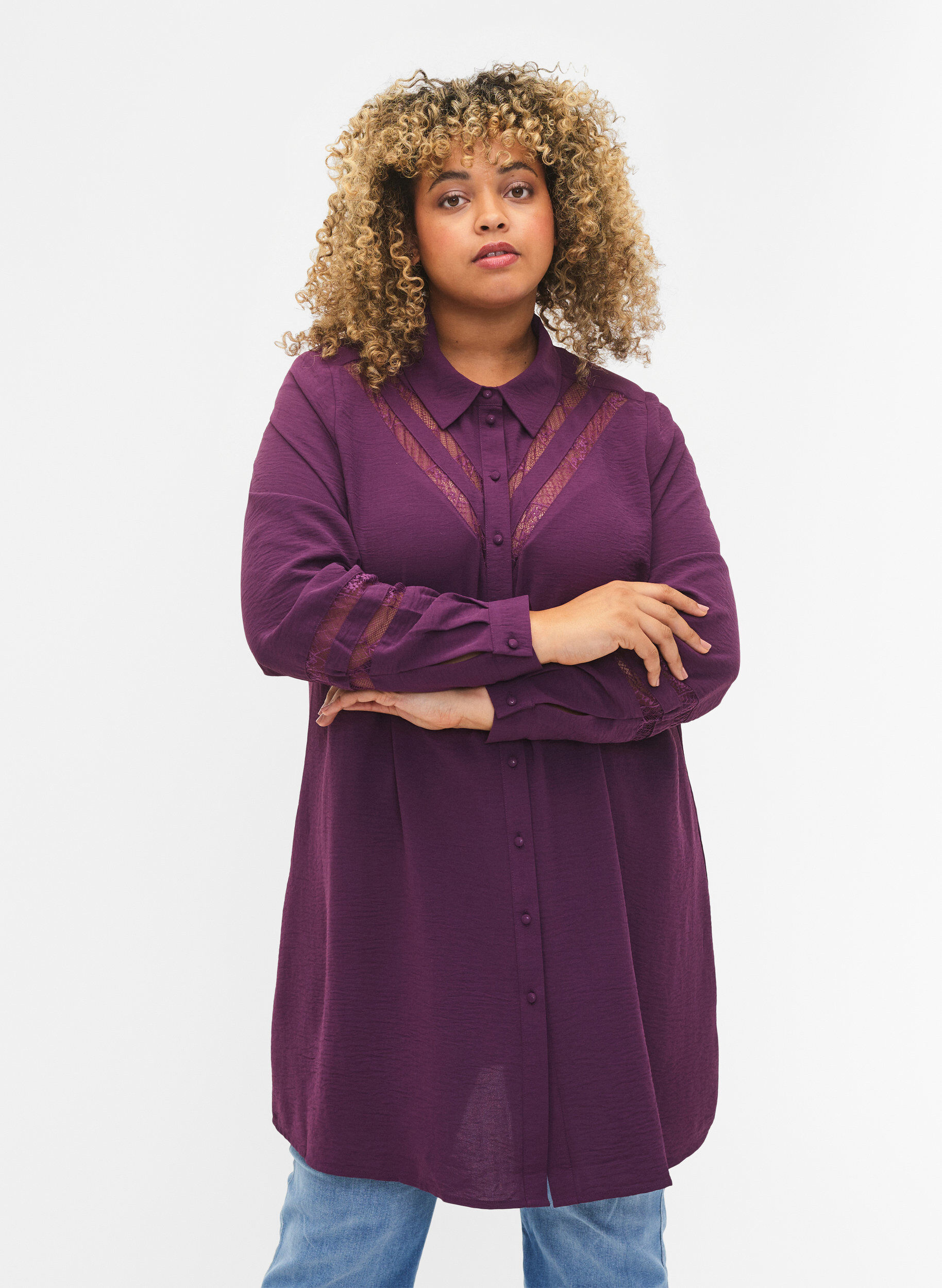 Zizzifashion Long shirt with lace details, Deep Purple, Model image number 0