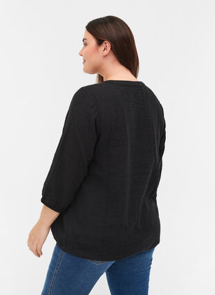 Cotton blouse with buttons and 3/4 sleeves, Black, Model image number 1
