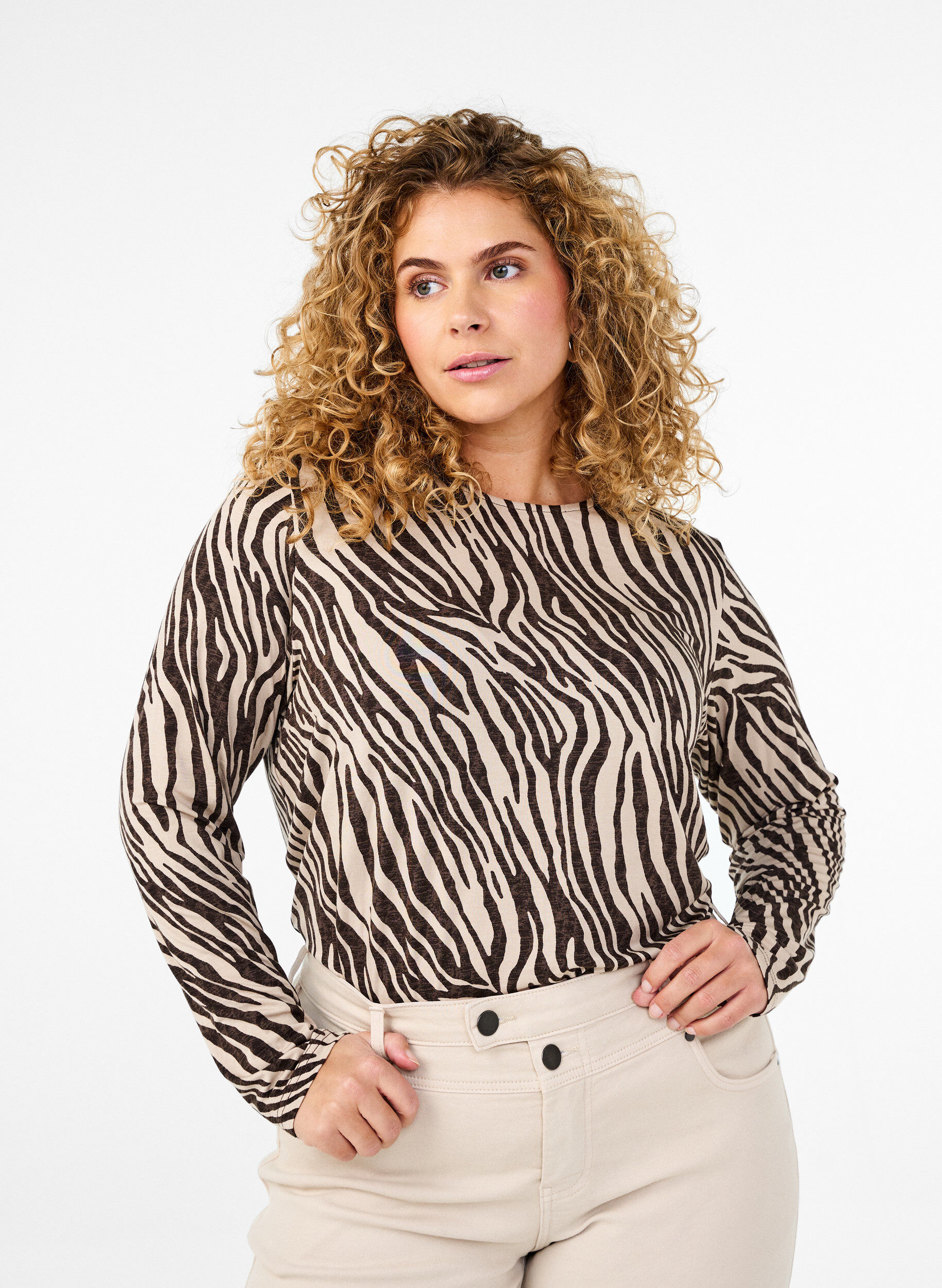 Zizzifashion Long-sleeved blouse with zebra print, Brown, Model image number 0