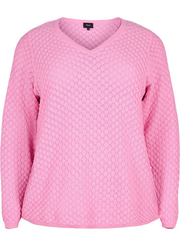 Patterned knitted top with v-neckline, Begonia Pink, Packshot image number 0