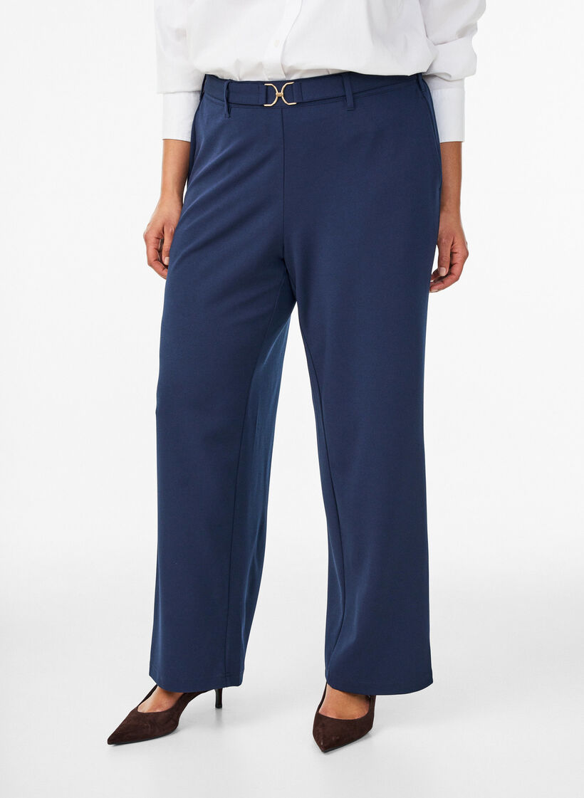 High-waisted trousers with belt detail and gold buckle, Blue, Model image number 2