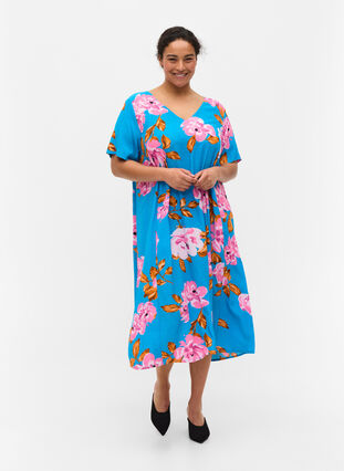 Floral viscose midi dress, Blue Pink Flower, Model image number 2