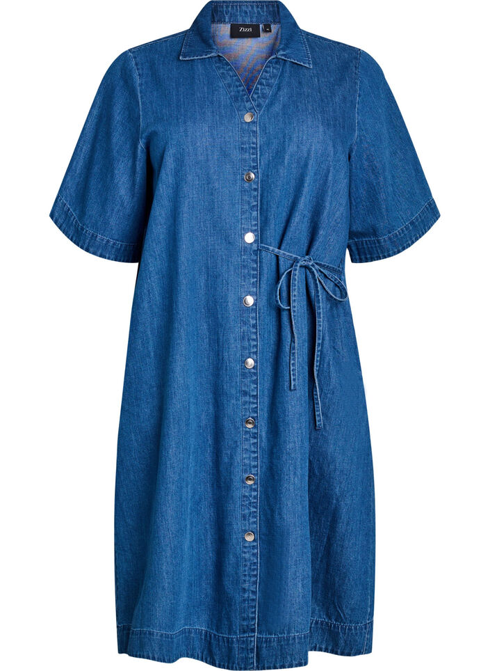Denim dress with buttons and tie detail, Blue, Packshot image number 0