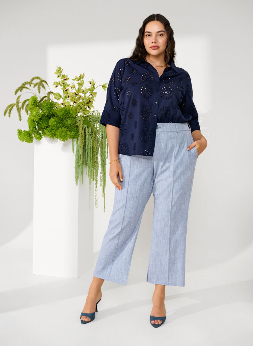 Shirt blouse with embroidery anglaise and 3/4 sleeves, Navy Blazer, Image image number 0