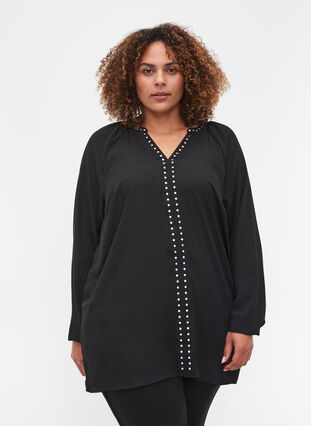 Long-sleeved v-neck blouse with studs, Black, Model image number 0