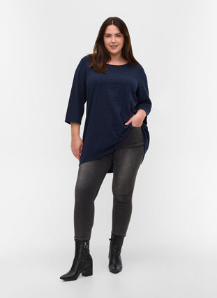 Long blouse with crew neck and 3/4 sleeves, Navy Blazer, Model image number 2