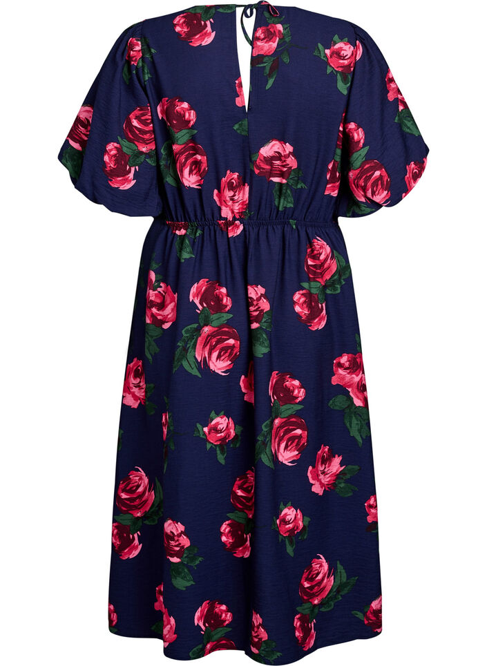 Midi dress with rose print and short balloon sleeves, Blue, Packshot image number 1