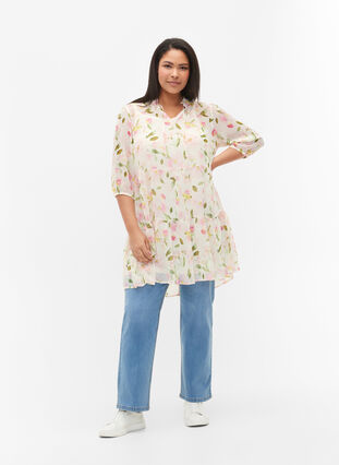 Tunic with floral print and lurex, White/Pink Flower, Model image number 2