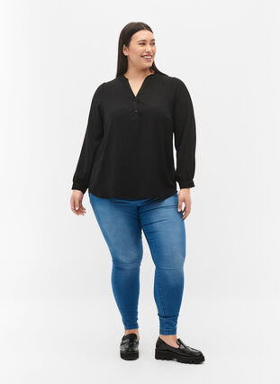 Long-sleeved blouse with v-neck, Black, Model image number 2