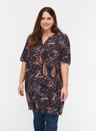 Short-sleeved viscose tunic with dots, Paisley AOP, Model image number 0