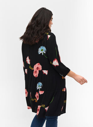 Printed viscose tunic with 3/4 sleeves, Black Big Flower, Model image number 1