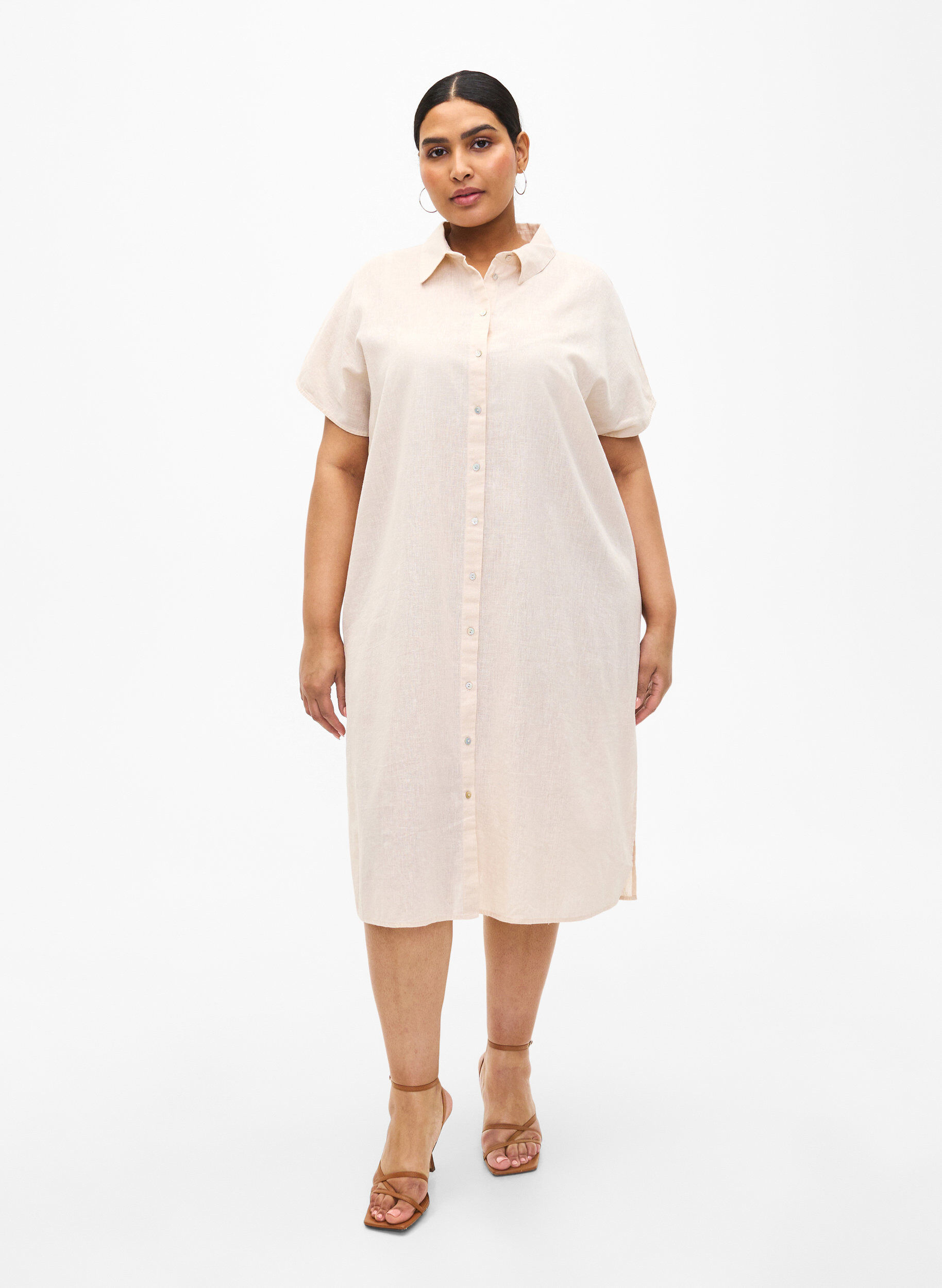 Zizzifashion Long shirt in cotton blend with linen, Beige, Model image number 1