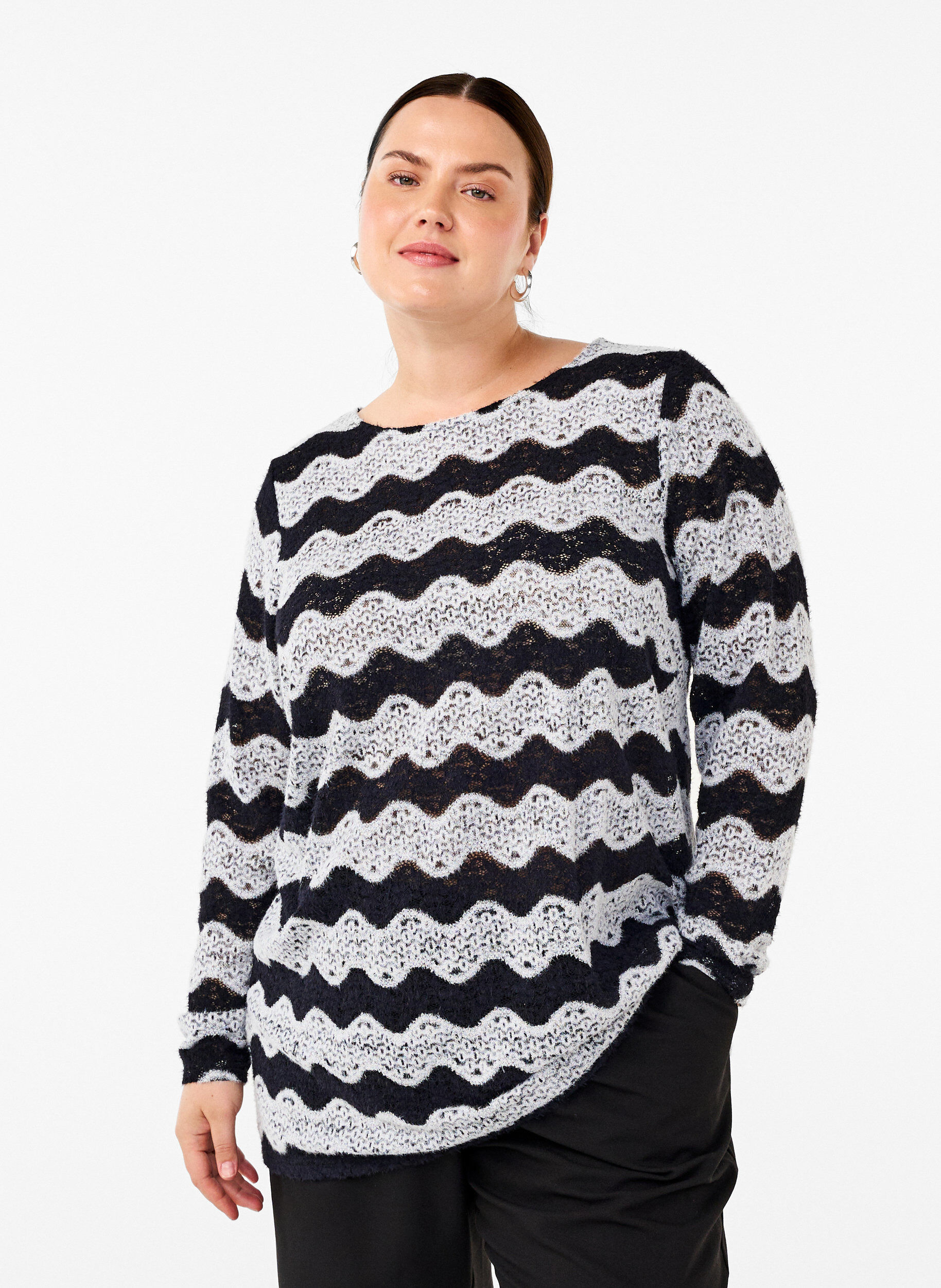 Zizzifashion Knitted blouse with a wave pattern, Black Stripe, Model image number 0