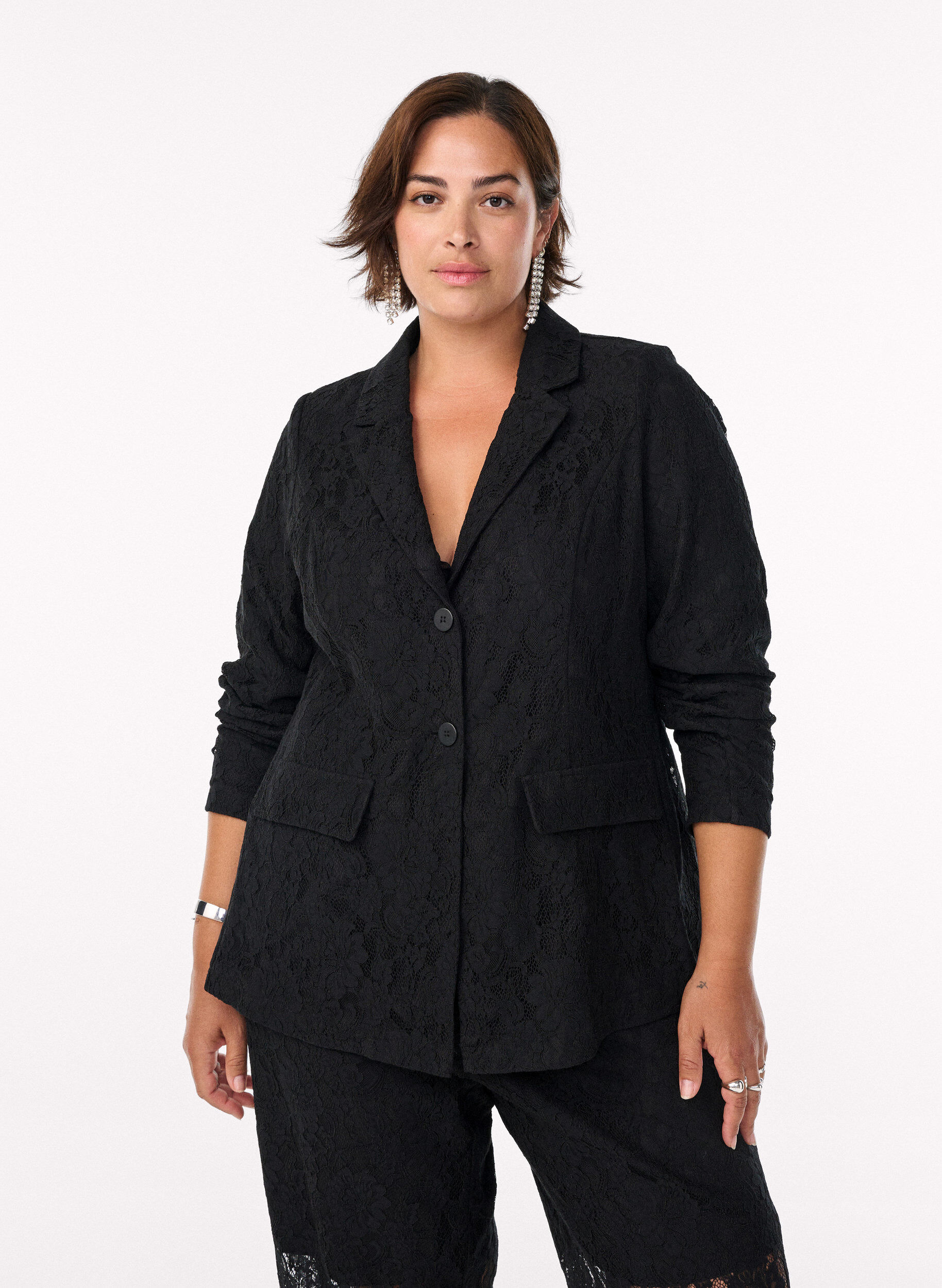 Zizzifashion Lace blazer with button closure, Black, Model image number 0