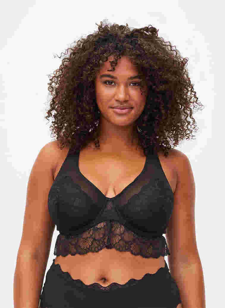 Lace bra with underwire and mesh, Black, Model image number 0