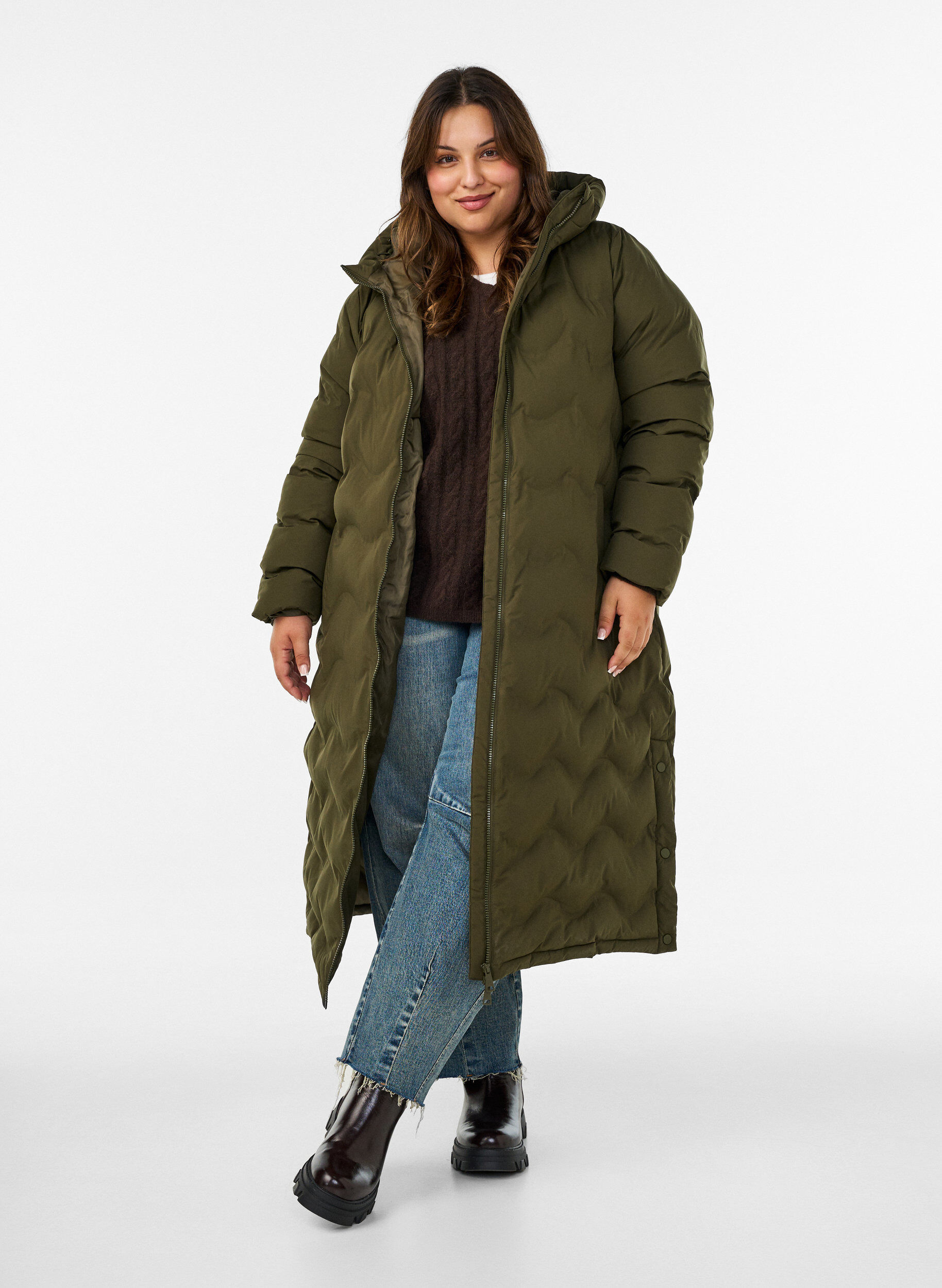 ZizzifashionLong hooded puffer jacket with a wave pattern, Green, Model image number 1