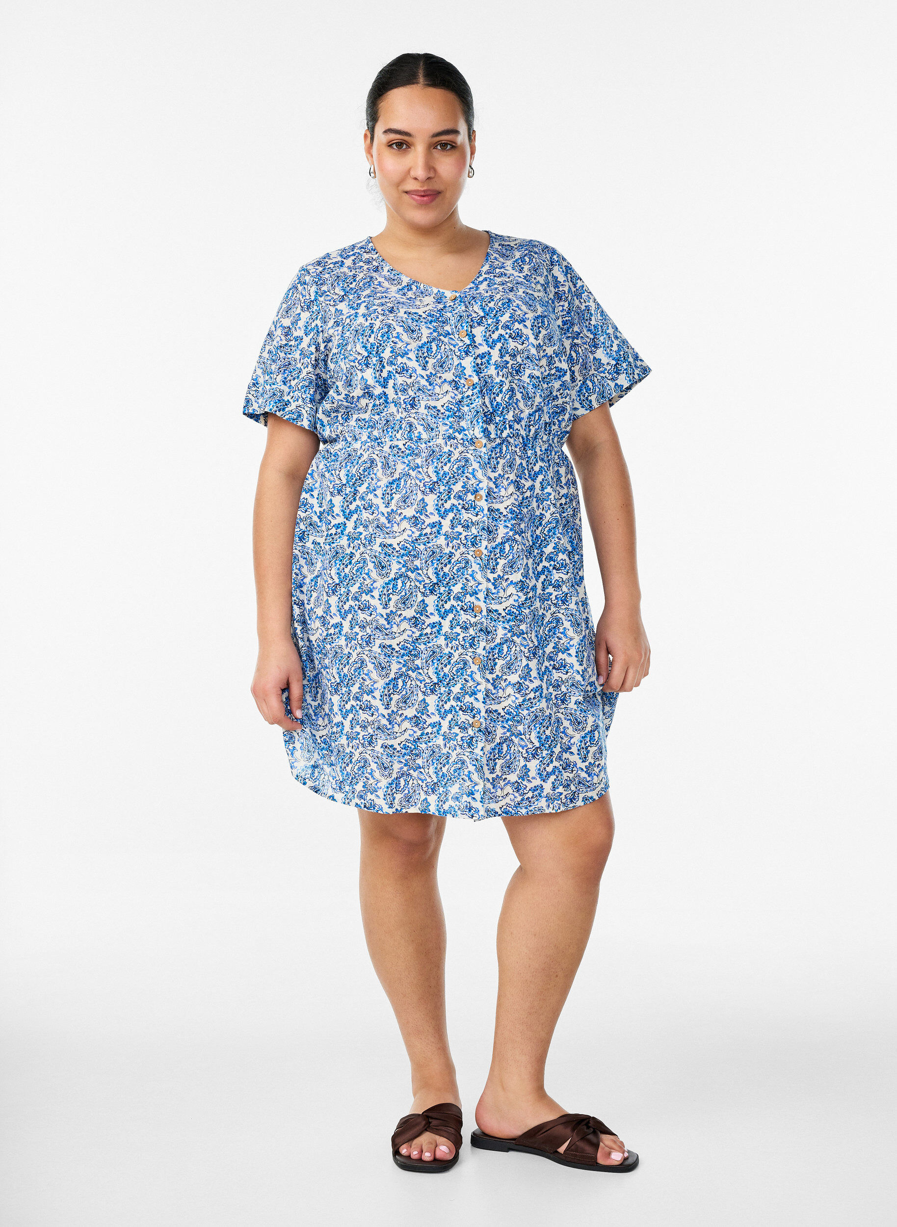 ZizzifashionShort cotton dress with floral print, Blue, Model image number 1