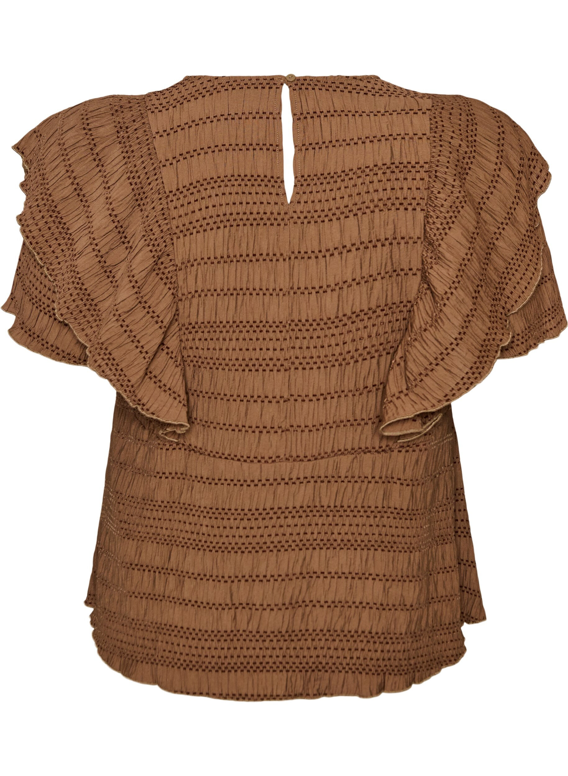 ZizzifashionBlouse with smocked texture and ruffle sleeves, Brown, Packshot image number 1