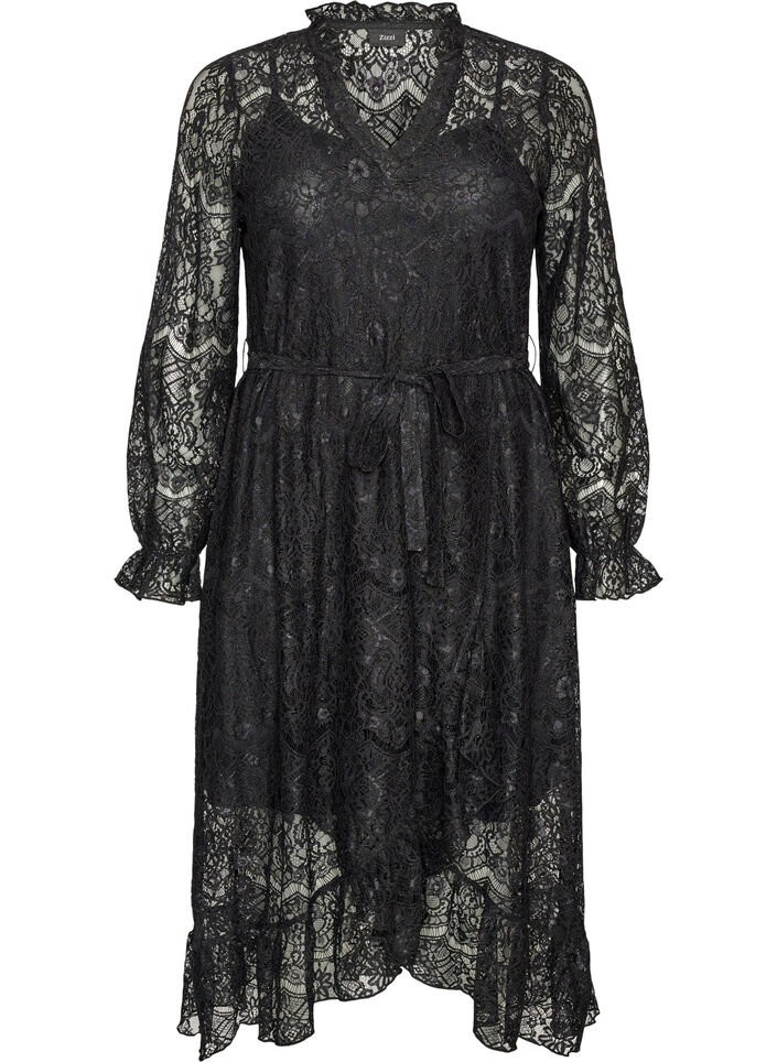 Lace dress with wrap skirt and ruffles, Black, Packshot image number 0