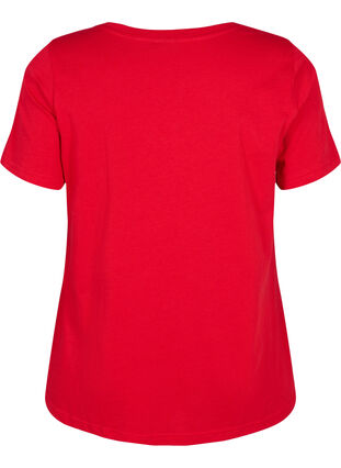 Cotton t-shirt with text print and v-neck, Tango Red ORI, Packshot image number 1
