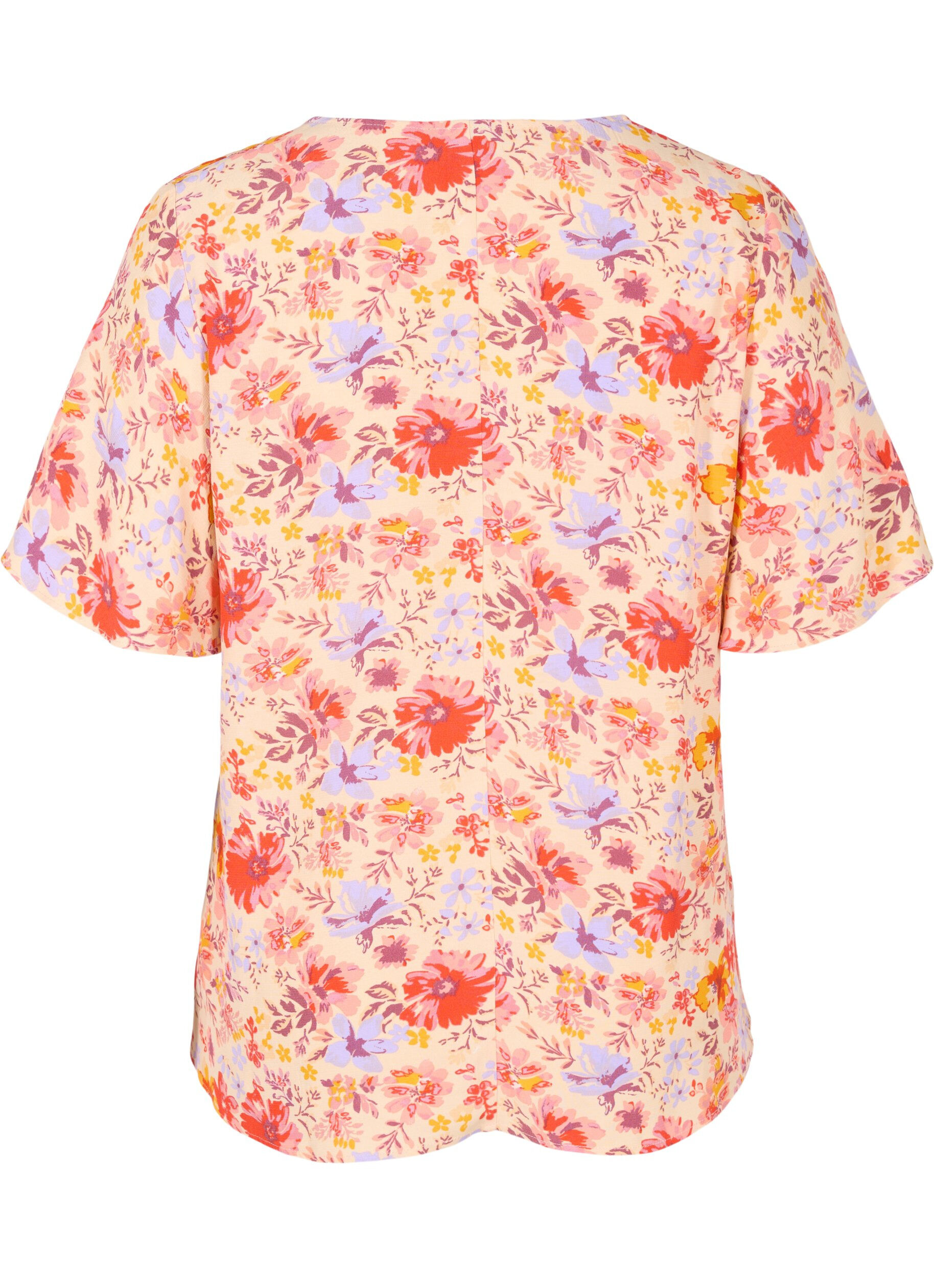 Zizzifashion Short sleeved viscose blouse with floral print, Red Orange AOP, Packshot image number 1