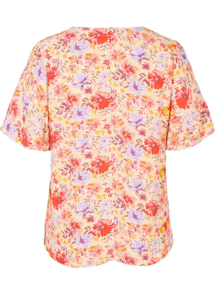 Short sleeved viscose blouse with floral print, Red Orange AOP, Packshot image number 1