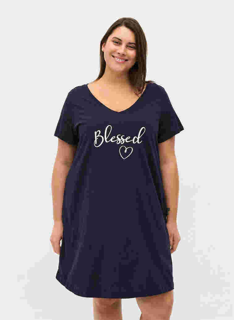 Short-sleeved cotton nightdress with print, Night Sky  Blessed, Model image number 0