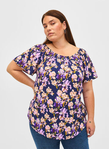 Floral viscose blouse with short sleeves, Small Flower AOP, Model image number 0
