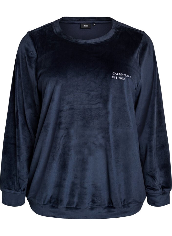 Velour blouse with embroidered text, Blue, Packshot image number 0