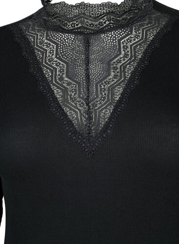 Ribbed viscose blouse with lace, Black, Packshot image number 2