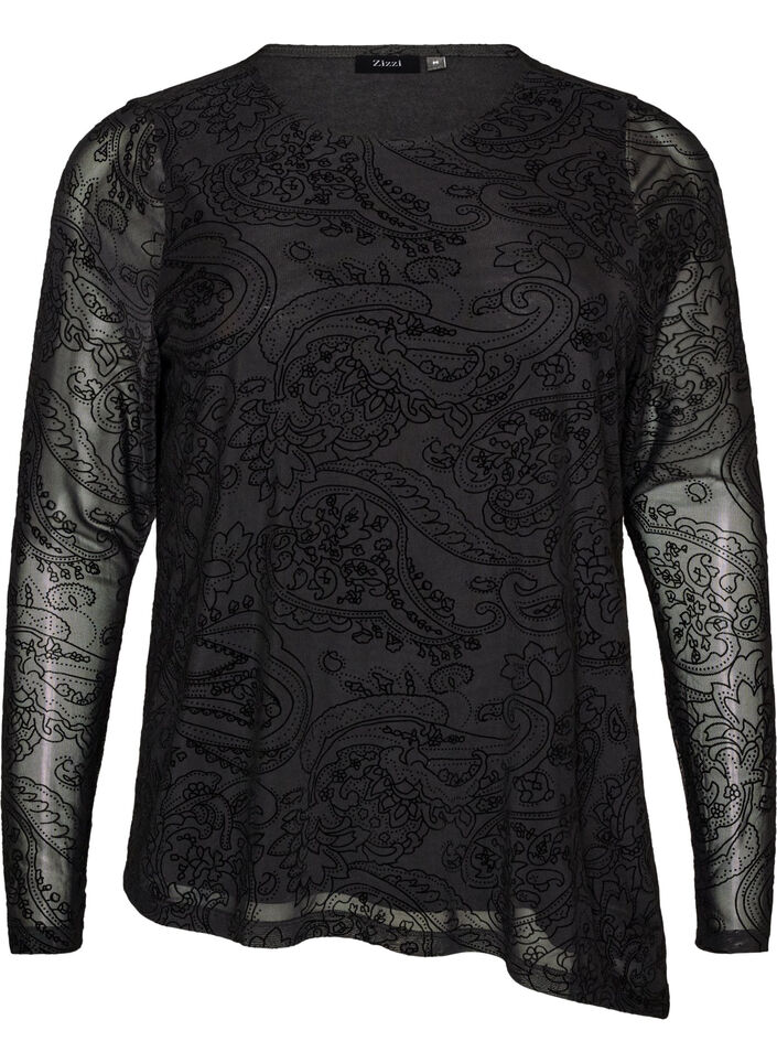 Mesh blouse with paisley print and asymmetrical hem, Black, Packshot image number 0