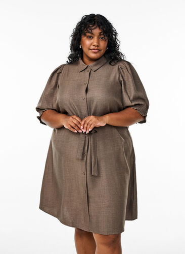 Knee-length shirt dress with tie belt - Brown - Sz. 40-64 - Zizzifashion Knee-length shirt dress with tie belt - Brown - Sz. 40-64 - Zizzifashion
