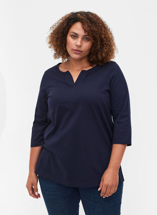 Plain-coloured cotton blouse with 3/4-length sleeves and slits, Night Sky, Model image number 0