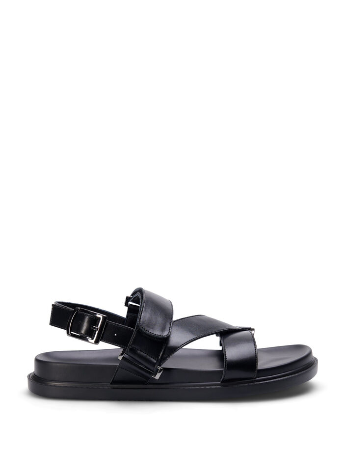 Wide fit - Leather sandal with adjustable straps, Black, Packshot image number 0