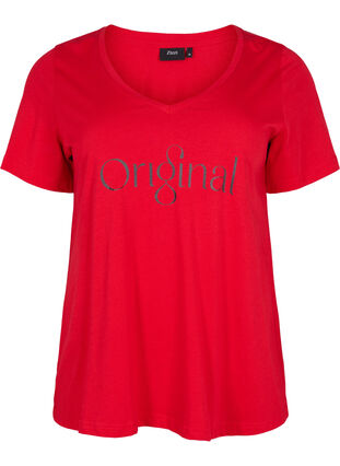 Cotton t-shirt with text print and v-neck, Tango Red ORI, Packshot image number 0