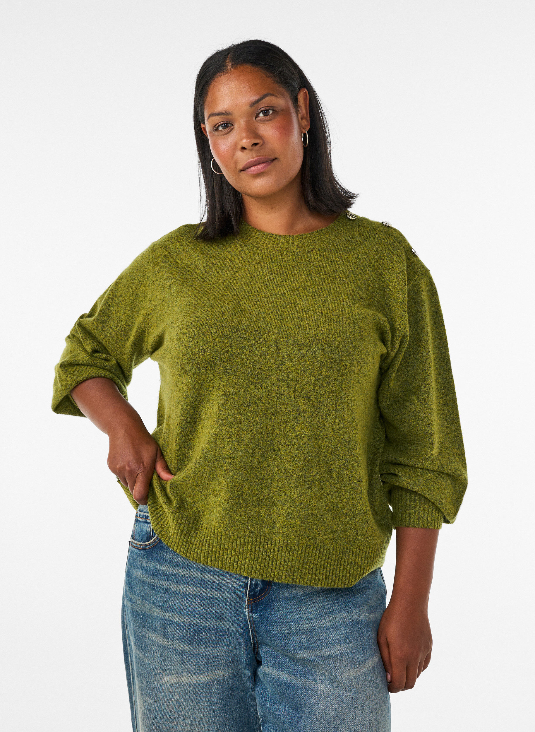Knit blouse with button detail, Green, Model