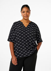 V-neck blouse with bow print, Black Bow AOP, Model
