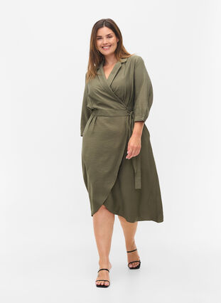 Viscose wrap dress with 3/4 sleeves, Dusty Olive, Model image number 2