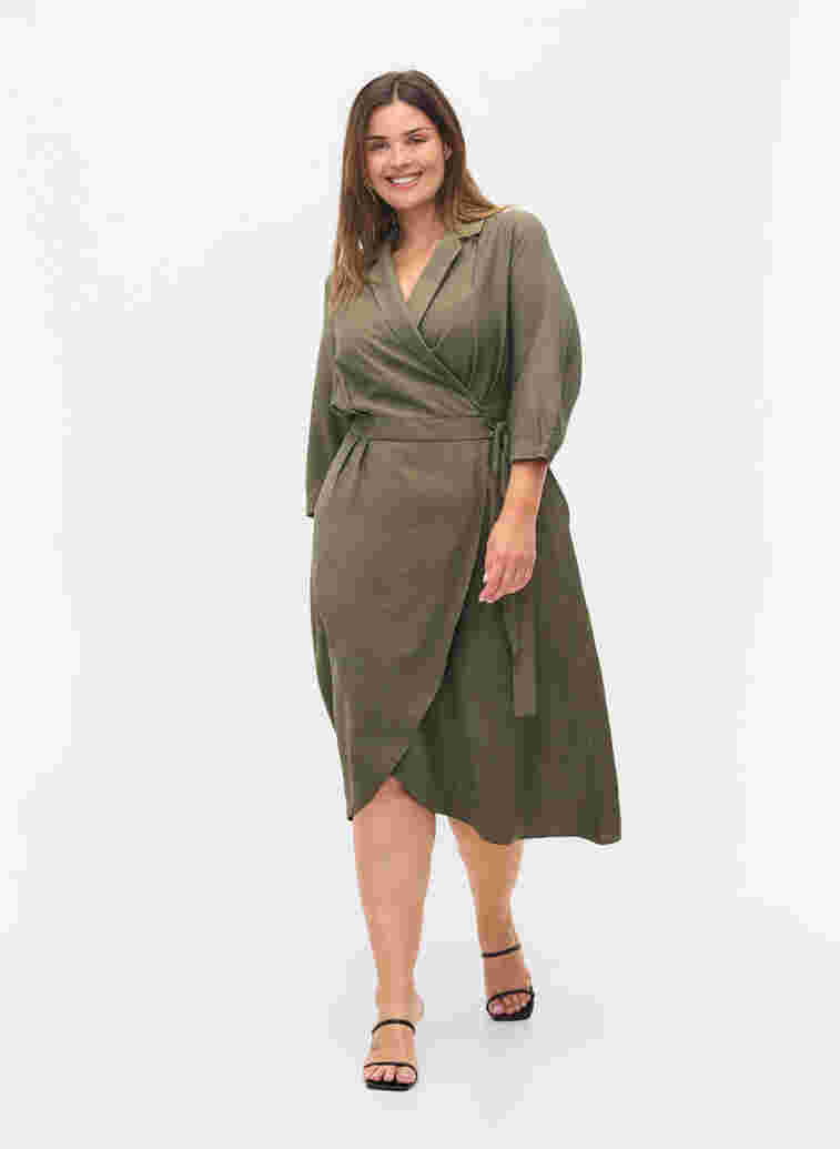 Viscose wrap dress with 3/4 sleeves, Dusty Olive, Model image number 2