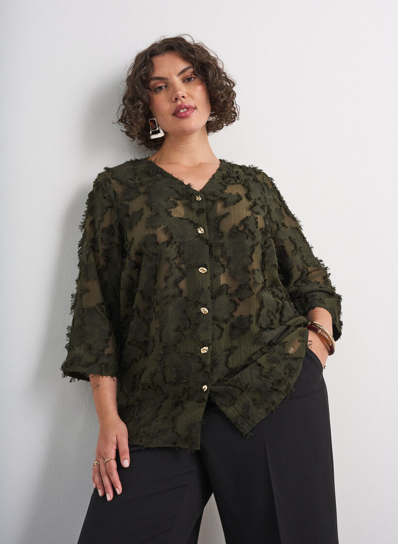 Blouse with frayed threads and texture, Green, Model image number 0