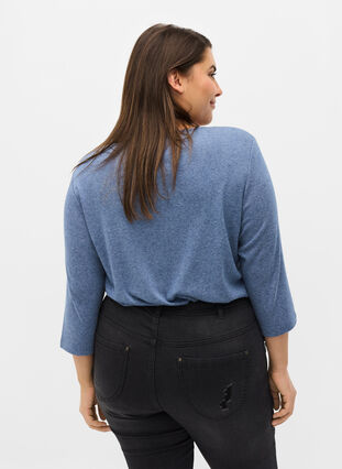 Plain blouse with buttons and 3/4 sleeves, Blue Melange, Model image number 1