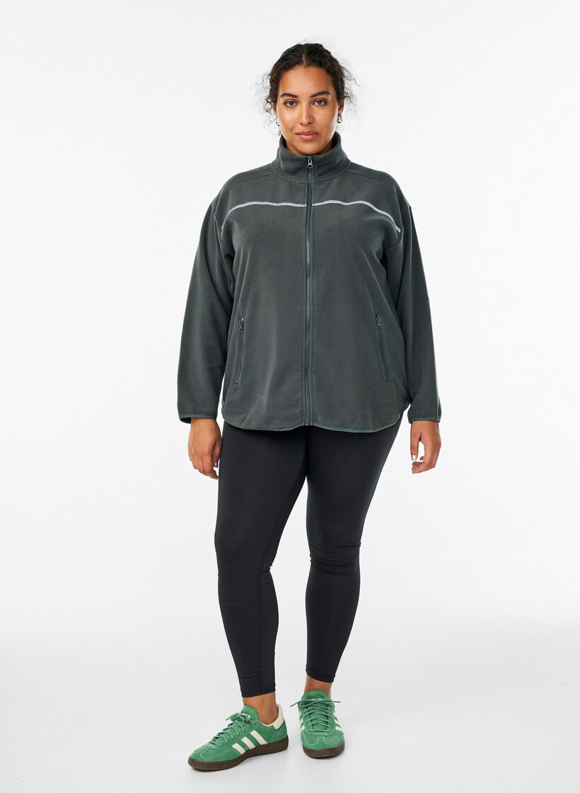Fleece jacket with zip and reflective tape, Green, Model image number 1