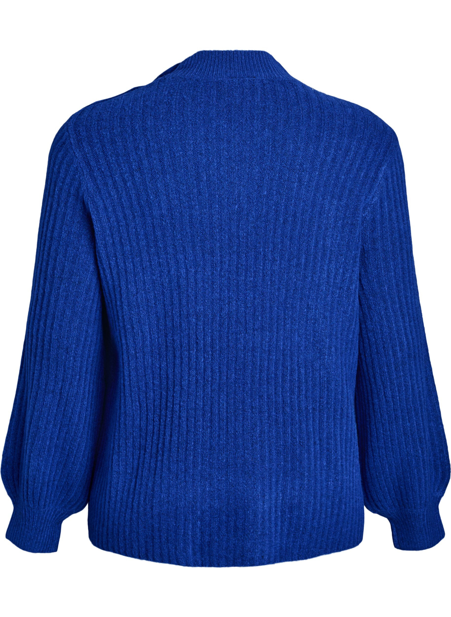 ZizzifashionRibbed jumper with puff sleeves and buttons, Blue, Packshot image number 1