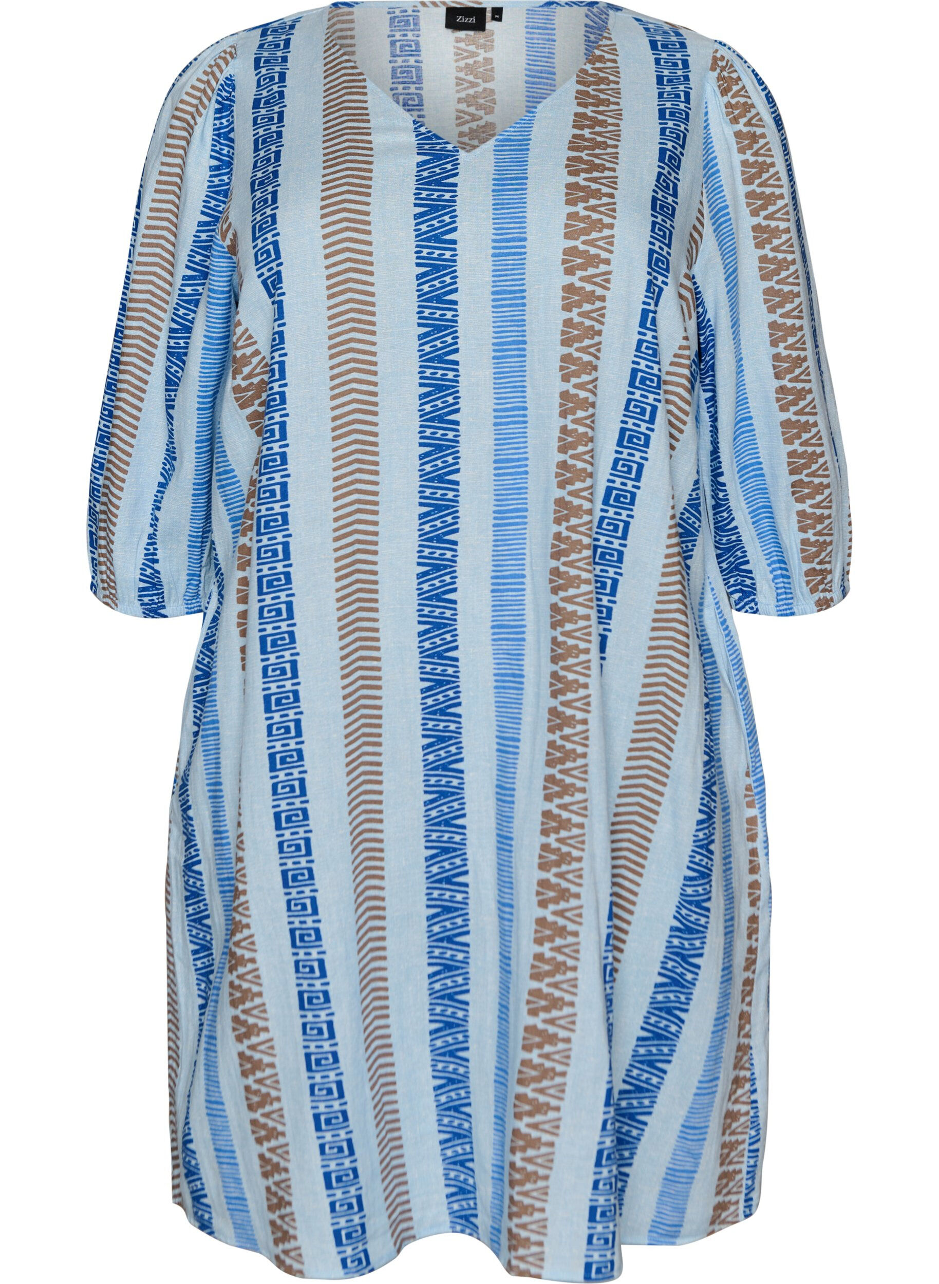 Zizzifashion Short dress in linen and viscose with 3/4 sleeves, Blue, Packshot image number 0
