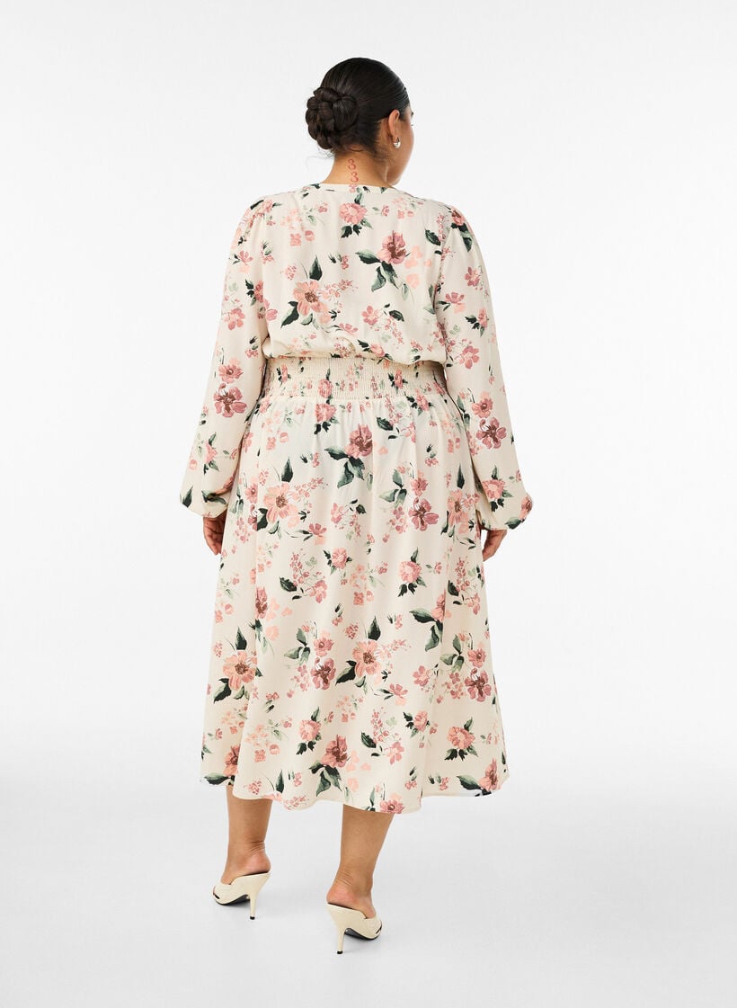 Midi dress with smock and decorative buttons, Beige, Model image number 1