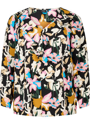 Printed blouse with ruffles , Black Multi Flower, Packshot image number 0