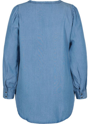 Long-sleeved shirt with v-neck and ruffle details, Blue denim, Packshot image number 1
